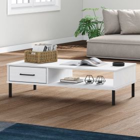 White Solid Pine Wood Coffee Table with Storage Drawer 39"
