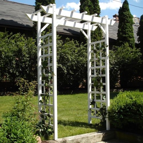 Providence Arbor, 64 by 85 Inch PVC Patio Garden Arch, Outdoor Lattice Frame Decoration or Trellis for Climbing Plants, White