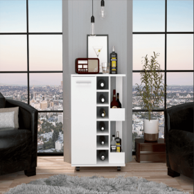 Wells Bar Cart with Wine Storage & Cabinet – White Finish
