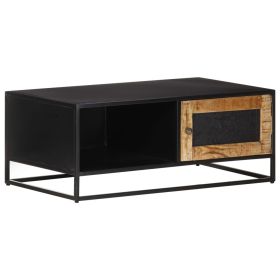 Industrial Coffee Table Natural Mango Wood and Black with Hand-Carved Detail