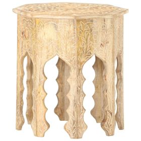 Whitewashed Solid Mango Wood Side Table with Hand-Carved Floral Design