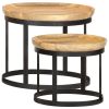 Round Side Table Set – Solid Mango Wood & Steel Floral Accent Tables (Brown & Black)