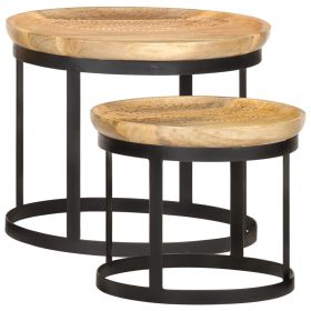 Round Side Table Set – Solid Mango Wood & Steel Floral Accent Tables (Brown & Black)