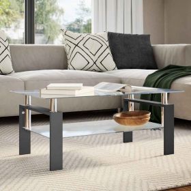 Black Tempered Glass Coffee Table with Dual-Layer Storage