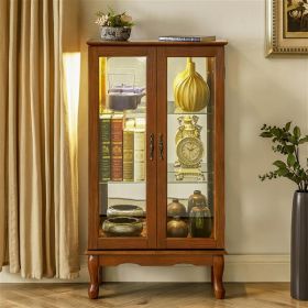 Oak Lighted Curio Display Cabinet with Mirrored Back & Adjustable Glass Shelves