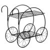 2-Tier Garden Cart Plant Stand with Decorative Wheels and Handle – Black Metal Flower Display Rack