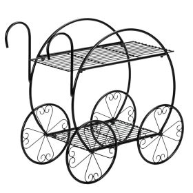 2-Tier Garden Cart Plant Stand with Decorative Wheels and Handle – Black Metal Flower Display Rack