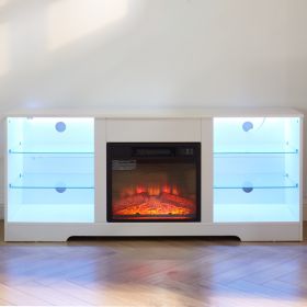 58" TV Stand with Electric Fireplace and Glass Shelves – Entertainment Center with Storage and USB Outlets