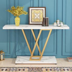 Industrial Console Table, 42" Narrow Entryway Sofa Table with Gold Metal & Faux Marble