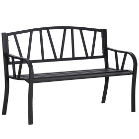 Outsunny 50" Metal Garden Bench, Black Outdoor Bench for 2 People, Park-Style Patio Seating, Decor with Smooth Armrests, Slatted Seat and Backrest