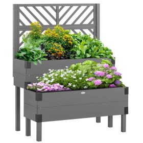 Outsunny Raised Garden Bed with Trellis, 2-Tier Wooden Elevated Planter Box with Legs, Gray
