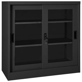 Anthracite Steel Sliding Door Cabinet with Tempered Glass – Adjustable Shelves and Lock