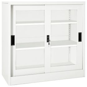 White Steel Sliding Door Cabinet with Lock – Medium Storage with Adjustable Shelves