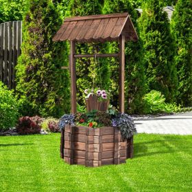 Outdoor Wooden Wishing Well Planter with Hanging Bucket, Rustic Fir Wood Garden Decor