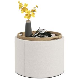 Round Storage Ottoman Coffee Table with Flip Top Tray – Linen Fabric Upholstered Footstool with Hidden Compartment