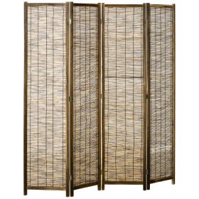 Hand Woven 4-Panel Room Divider – Folding Privacy Screen with Reed Panels & Wood Frame, 63" x 67" Brown