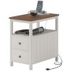 Side Table with Charging Station and USB Ports, Narrow End Table with Drawers and Shelf, White