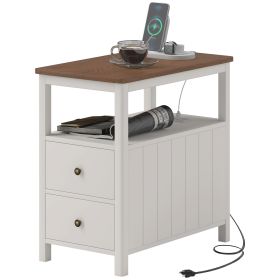 Side Table with Charging Station and USB Ports, Narrow End Table with Drawers and Shelf, White