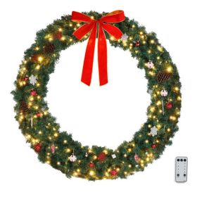 60in PVC Christmas Garland with 220 LED Lights & 600 Branches, Green Bow Decoration