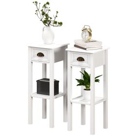 2-Tier Side Tables Set of 2 with Drawer and Shelf – White End Tables for Living Room & Hallway