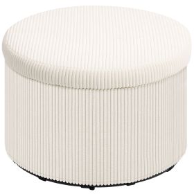 24" Round Storage Ottoman Stool with Lid, Corduroy Upholstered Foot Rest for Living Room & Bedroom, Beige