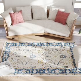 4x6 Blue Boho Floral Machine Washable Area Rug with Non-Slip Backing