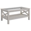 Coffee Table with Tempered Glass Top, Wood Frame and Storage Shelf, White Oak