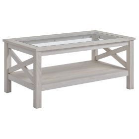 Coffee Table with Tempered Glass Top, Wood Frame and Storage Shelf, White Oak