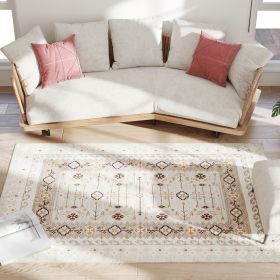 Machine Washable Boho Area Rug 4x6 – Non-Slip Flannel Carpet, Brown
