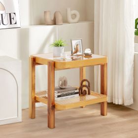 Rattan 2-Tier End Side Table with Tempered Glass Top & Acacia Wood Legs