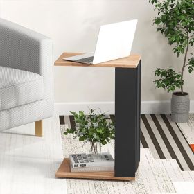 2-Tier C-Shaped Side Table with Wheels – Rustic Brown & Black