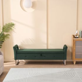 67.9-Inch Green Velvet Storage Bench with Armrests and Hidden Storage