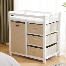 White Pine Wood Baby Changing Table with Storage Drawers and Fabric Bag
