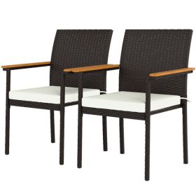 Outdoor Patio Dining Chairs Set of 2 with Cushions & Acacia Wood Armrests