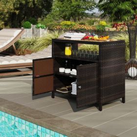 Outdoor Storage Cabinet with Wicker, Acacia Wood Top & Open Shelf