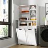 White Laundry Cabinet with Tilt-Out Hamper & Adjustable Shelving