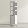 Slim White Bathroom Storage Cabinet with Drawers and Open Shelves