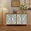 Farmhouse Accent Cabinet with 4 Carved Doors – Distressed Sideboard Buffet Storage Cabinet