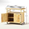 Outdoor Grill Cart with Stainless Steel Top, Solid Wood Kitchen Island with Wheels & Storage Cabinets