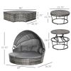 4-Piece Patio PE Wicker Lounge Set, Convertible Round Daybed with Canopy, Cushions & Coffee Table, Gray