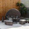 4-Piece Patio PE Wicker Lounge Set, Convertible Round Daybed with Canopy, Cushions & Coffee Table, Gray