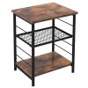 3-Tier Industrial Side Table with Adjustable Mesh Shelf – Rustic Wood & Metal Frame