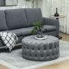 Round Ottoman Coffee Table with Velvet Upholstery, Button Tufted, Dark Gray