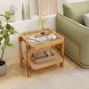 Rattan 2-Tier End Side Table with Tempered Glass Top & Acacia Wood Legs