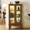 Oak Lighted Curio Display Cabinet with Mirrored Back & Adjustable Glass Shelves