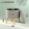 Round Storage Ottoman Stool – Linen Upholstered Footrest with Hidden Storage, Light Gray