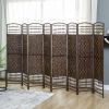 8-Panel Folding Room Divider – Woven Privacy Screen with Wood Frame (Brown)