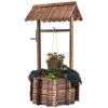 Outdoor Wooden Wishing Well Planter with Hanging Bucket, Rustic Fir Wood Garden Decor