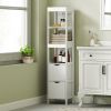 Slim White Bathroom Storage Cabinet with Drawers and Open Shelves