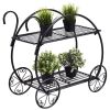 2-Tier Garden Cart Plant Stand with Decorative Wheels and Handle – Black Metal Flower Display Rack
